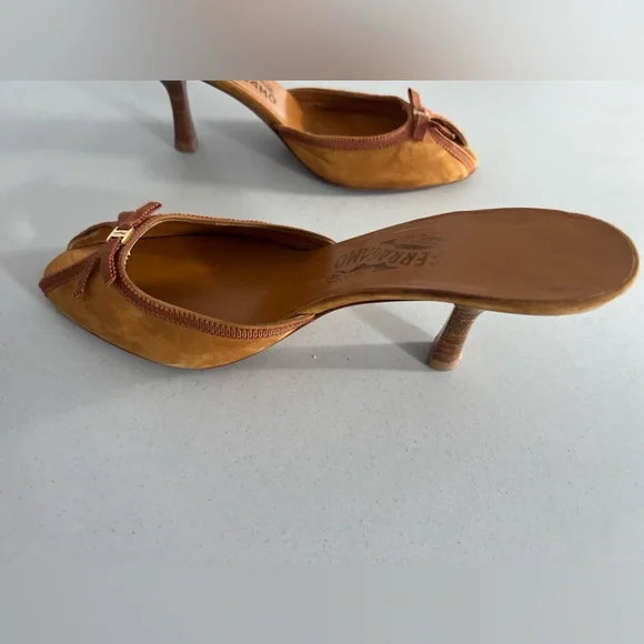 Salvatore Ferragamo Brown Suede Bow Kitten Heel Backless Sandals - Picture 6 of 12